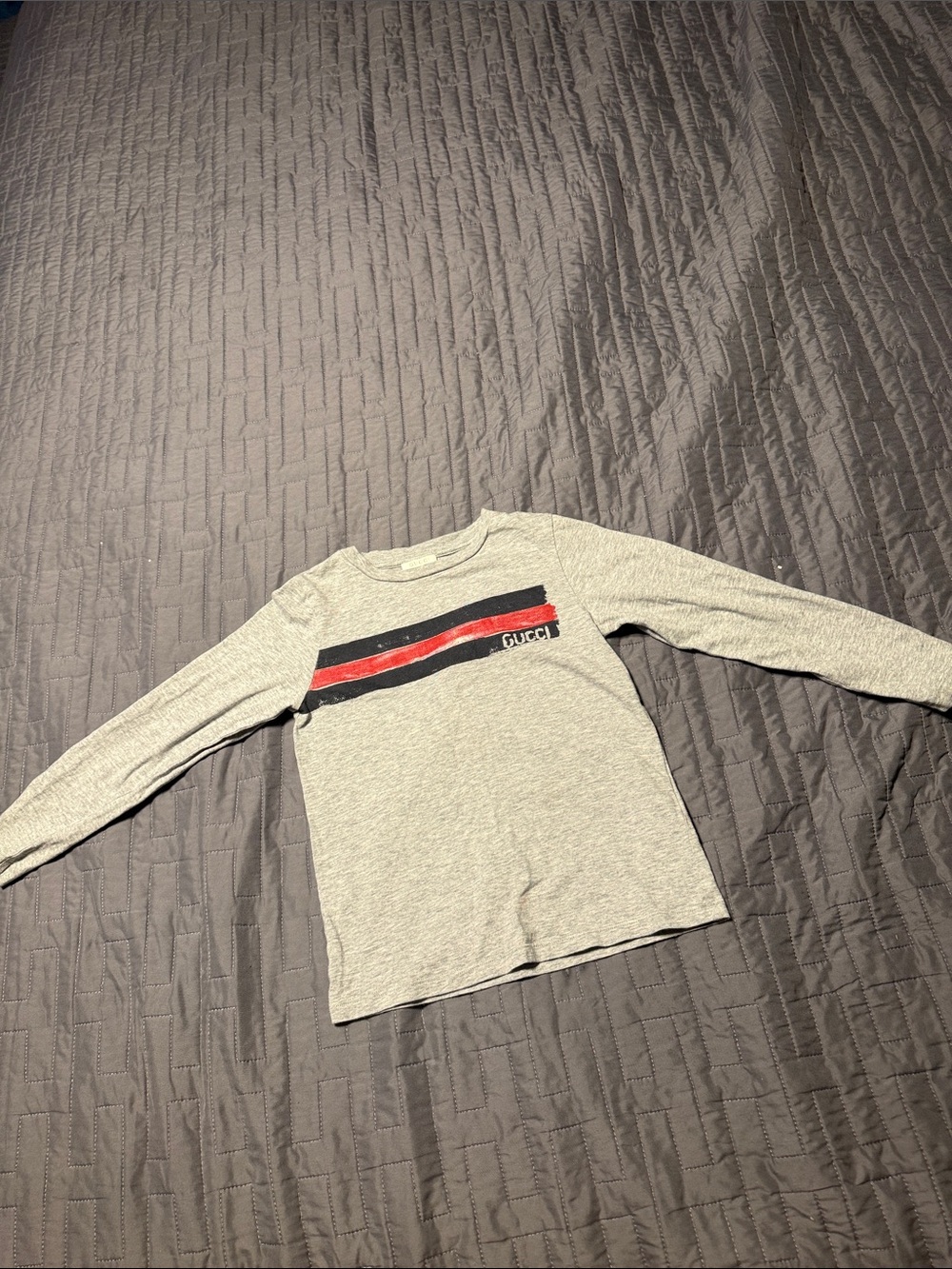 Gucci Gray Long Sleeve Tee with Red & Black Stripes
